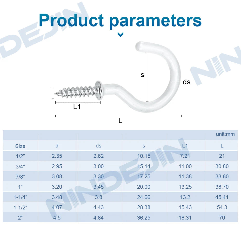 NINDEJIN 20/30pcs Cup Hook Screw Plastic Coated Screw-in Hook Ceiling Hook Kitchen 1/2"-2" Tapping Screw Hook - KiwisLove