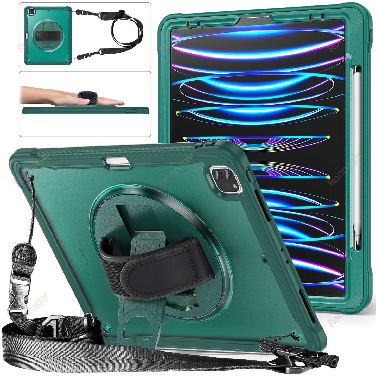 Heavy Duty Case for iPad Pro 11 Inch M1 M2 iPad Pro 12.9 Case iPad7 8 9th 10.2 10th Air4 5 10.9 5/ 6th 9.7 Cover Shoulder strap