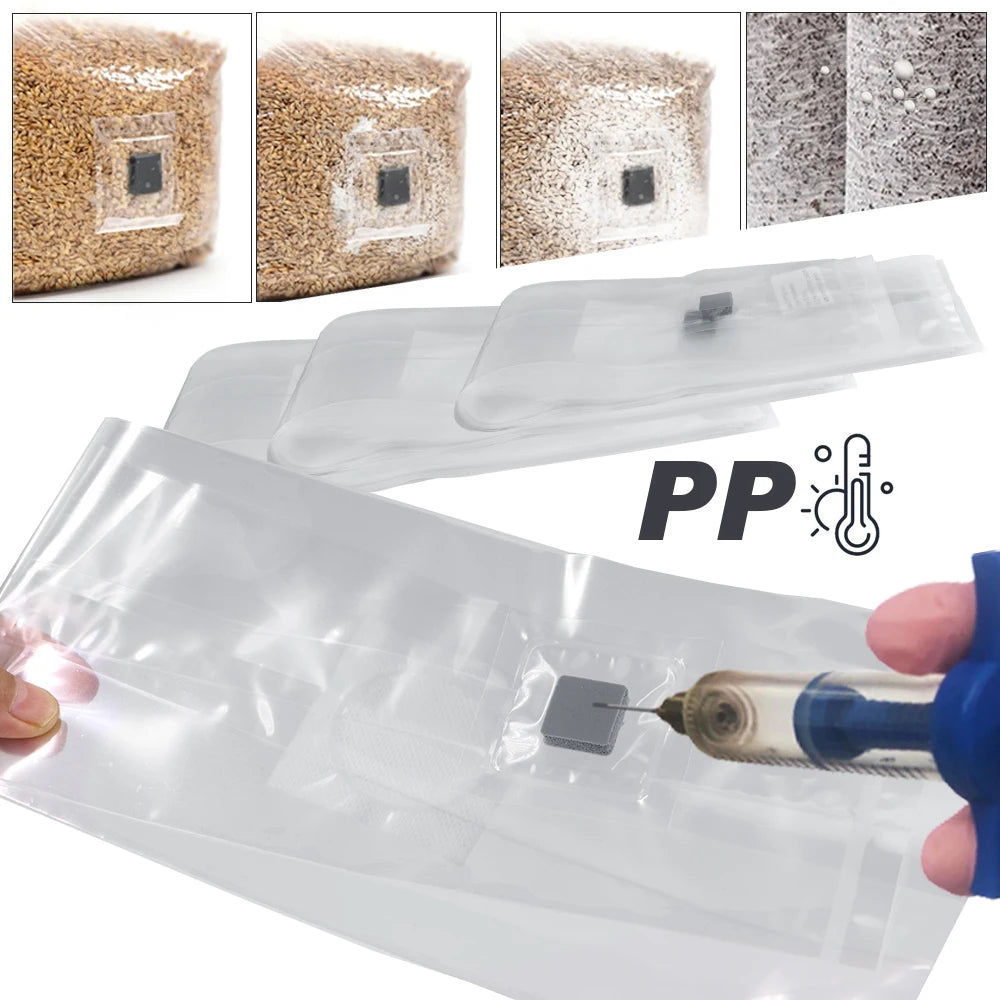 10pcs PP Sterilized Hydrated Grain Bag w/Self-Healing Injection Port 0.2μm Filter Patch Autoclaving Substrate Mushroom Spawn Bag
