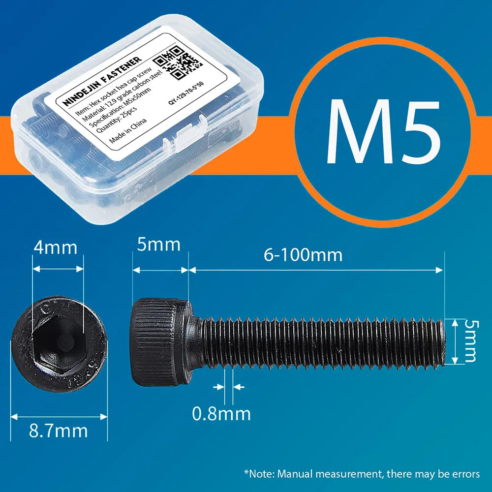 10-100pcs/box Hex Socket Head Cap Screws 12.9 Grade Carbon Steel M5x8mm,10mm,20mm,30mm,50mm,60mm,100mm Allen Bolts DIN912