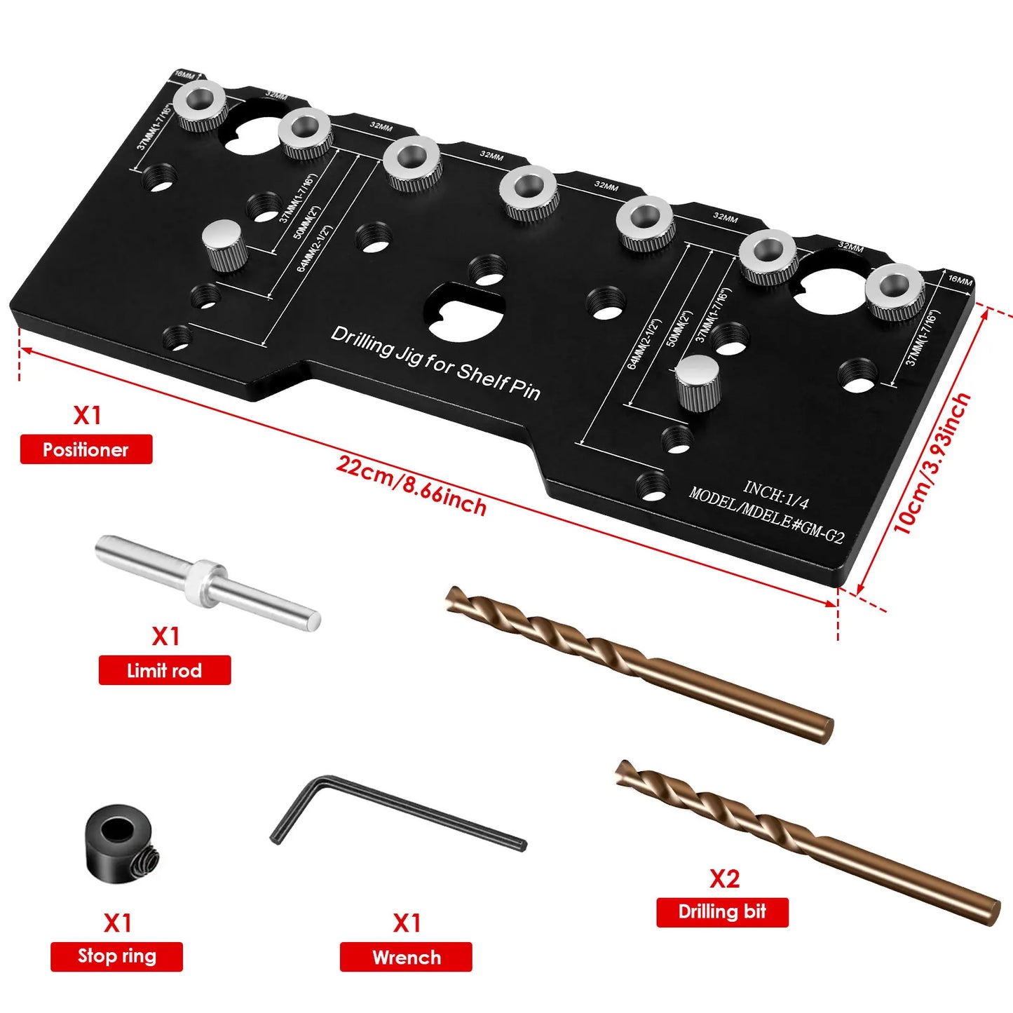 Shelf Pin Jig 1/4 Inch Aluminum Alloy Shelf Pin Drilling Guide 32mm Spacing Woodworking Straight Hole Drilling Jig Hardware
