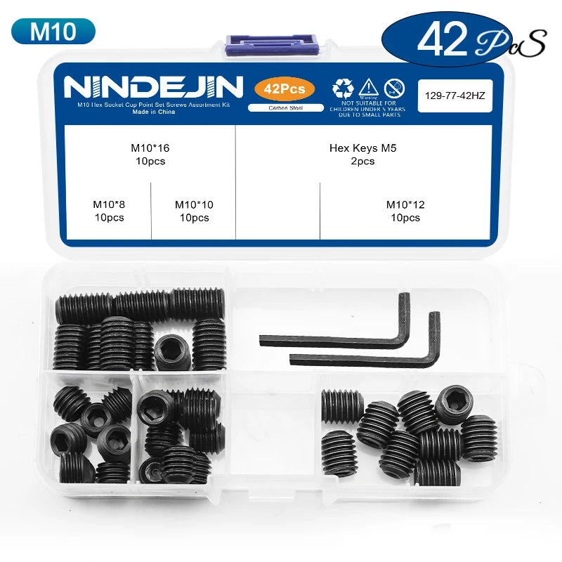 NINDEJIN Hex Socket Cup Point Set Screw M2 M2.5 M3 M4 M5 M6 M8 12.9 Carbon Steel Headless Allen Head Grub Screw Assortment Kit