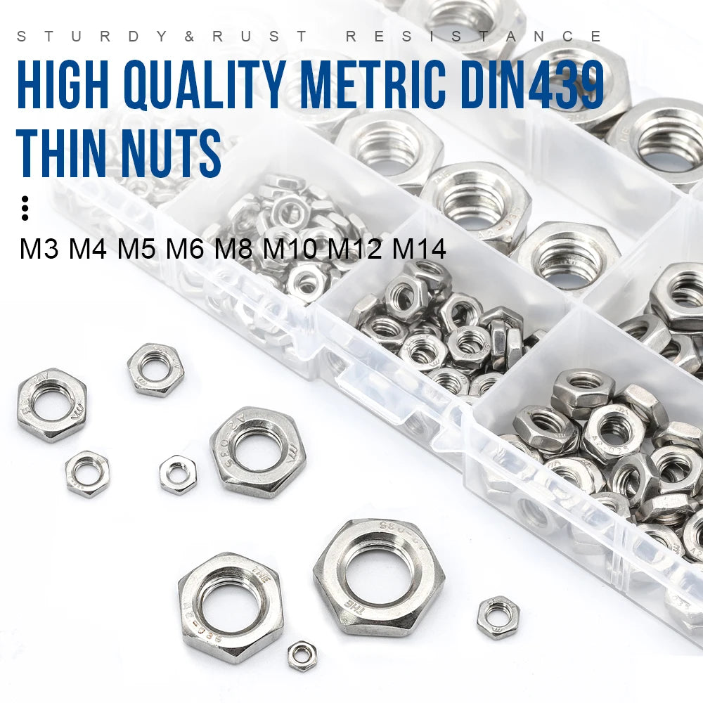 NINDEJIN 288pcs Hex Hexagon Thin Nuts Assortment Kit M3 M4 M5 M6 M8 M10 M12 304 Stainless Steel Metric DIN439 Hex Thin Nuts Set