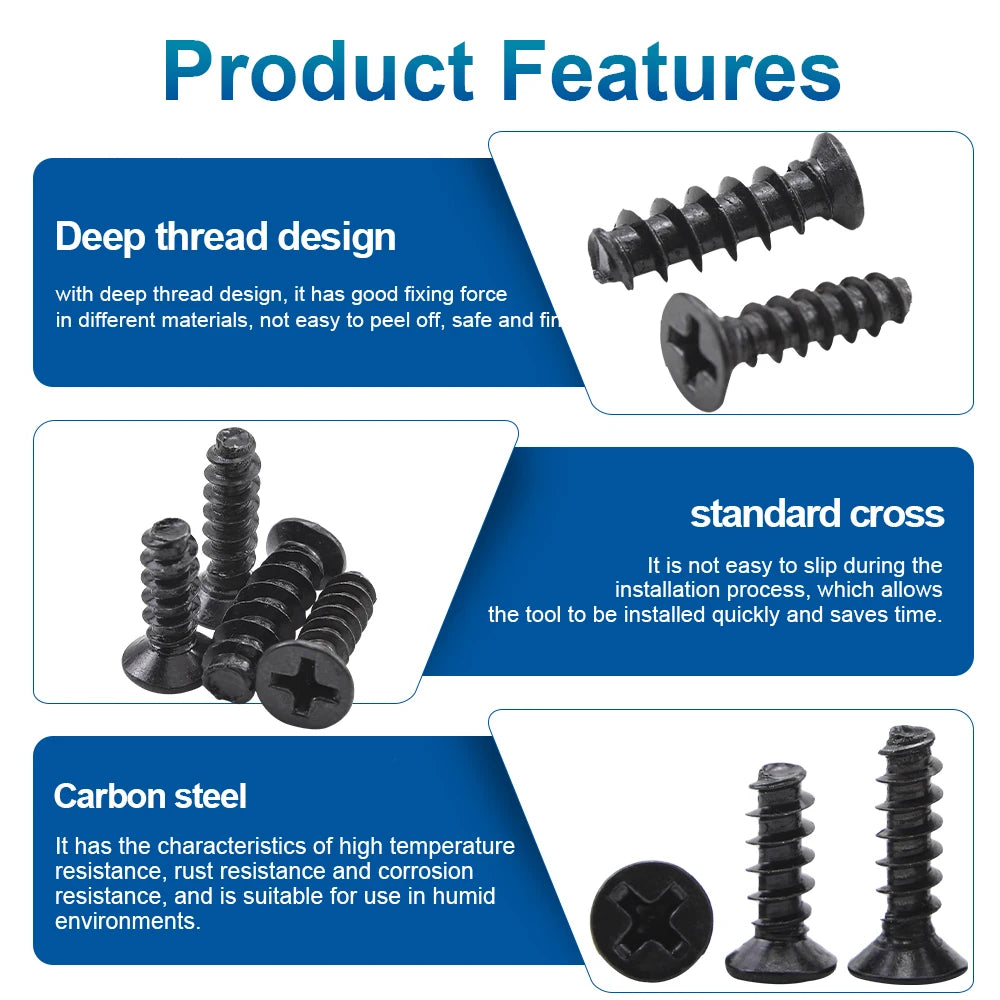 50-100pcs Cross Flat Head Self-tapping Screw Flat Tail M2 M2.3 M2.6 M3 M4 Black Plated Steel Phillips Tapping Screw for Plastic
