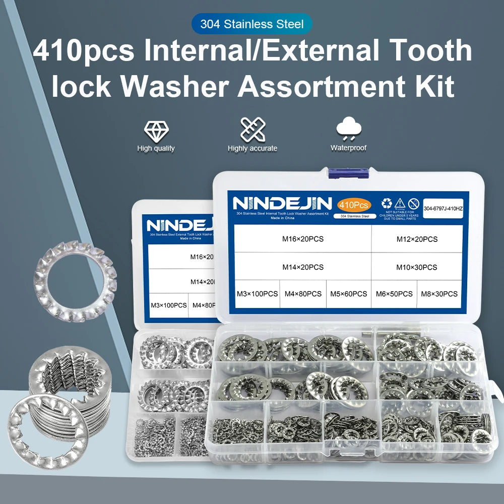 NINDEJIN 410pcs/set internal tooth lock washer assortment kit stainless steel m3 m4 m5 m6 m8 m10 star lock washer - KiwisLove