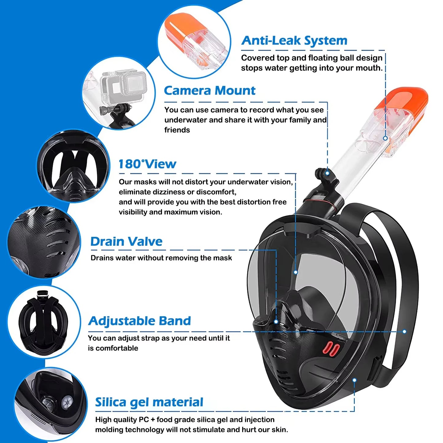 Adults Snorkel Mask Detachable Camera Mount Dry Transparent Breathing System Panoramic View Anti Leak Fog Swim Pool Equipment