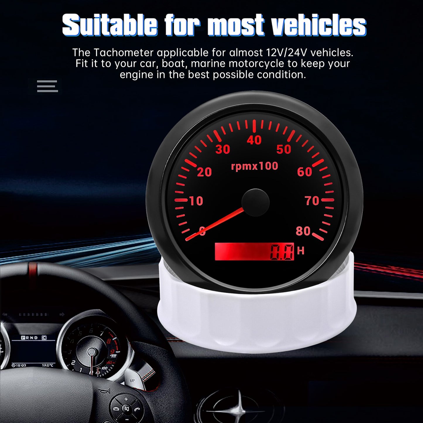 HD Car Boat 85MM Tachometer with LCD Hour Meter 4000RPM 6000RPM RPM Gauge Engine Hourmeter 7 Colors Backlight Tacho Sensor 9-32V - KiwisLove