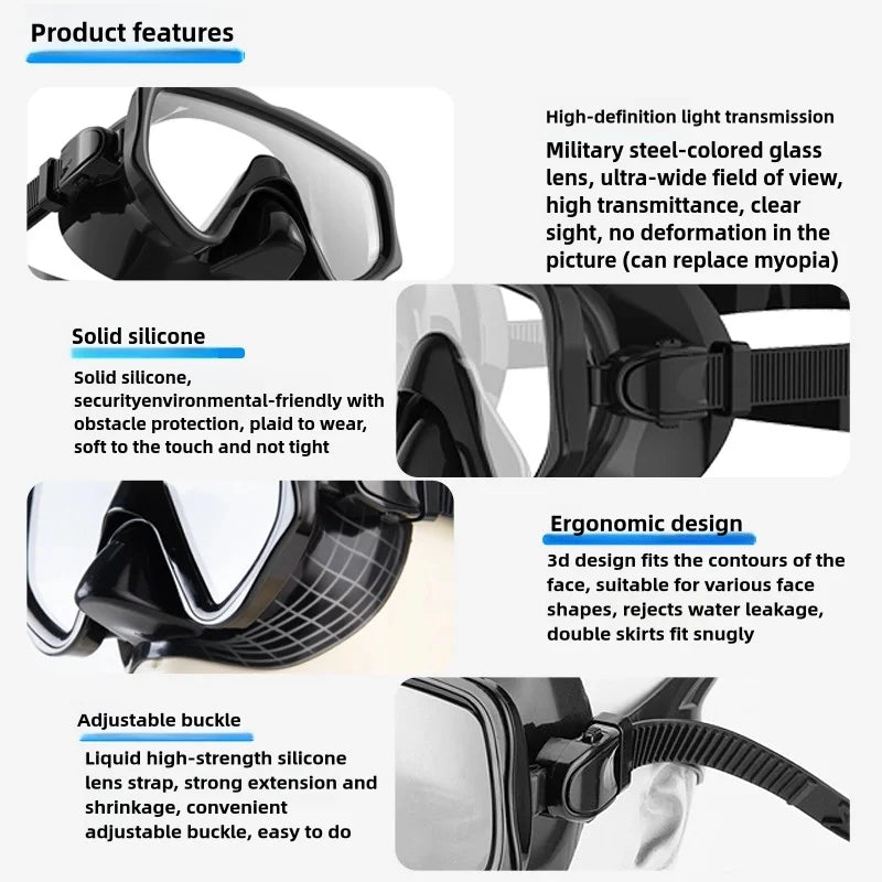 Dry Snorkel Set Diving Mask For Adults Tempered Glass Professional Panoramic Snorkeling Gear Swimming Training Snorkel Kit
