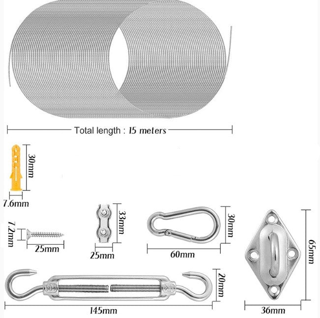 6mm Shade Sail Kit Flexible Stainless Steel Wire Rope Turnbuckle Snap Hook - KiwisLove