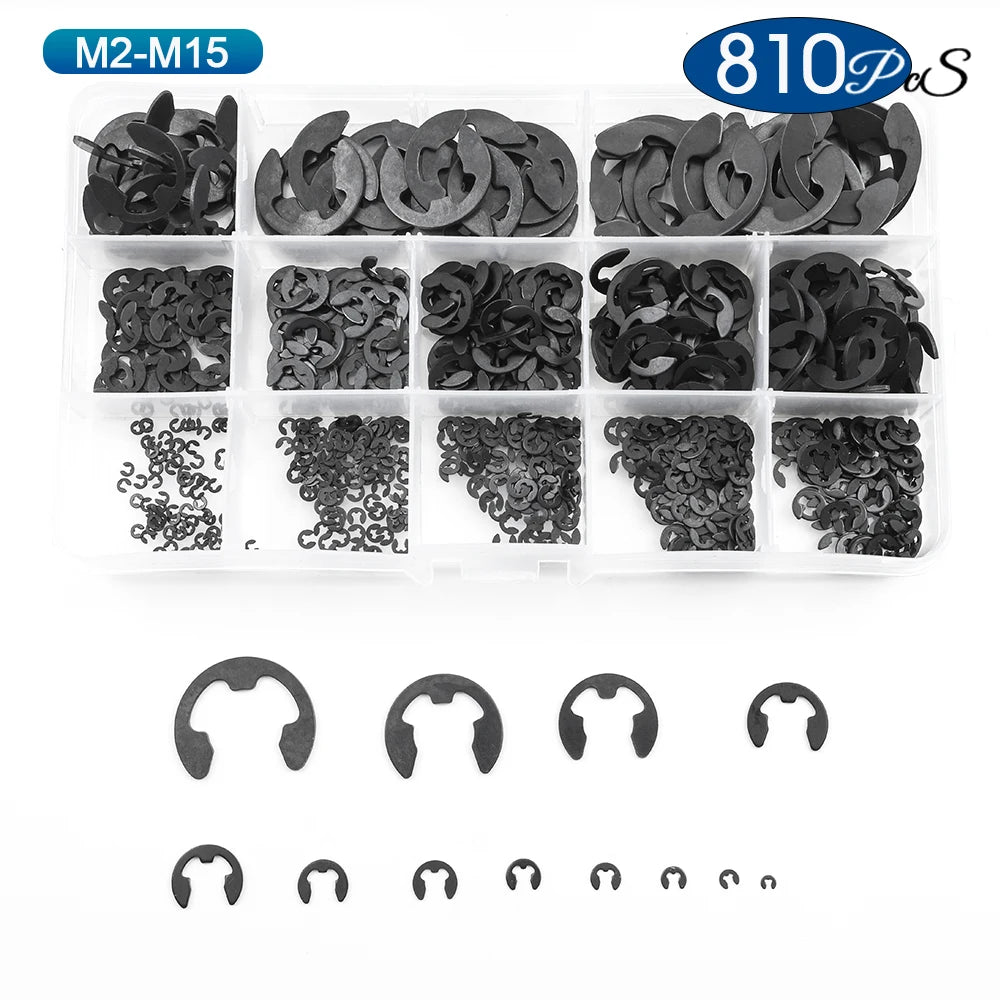 NINDEJIN E Clip Set 395pcs 810pcs M1.2-M15 Black Carbon Steel E-clip Assortment Kit External Retaining Clips Circlip Washer - KiwisLove