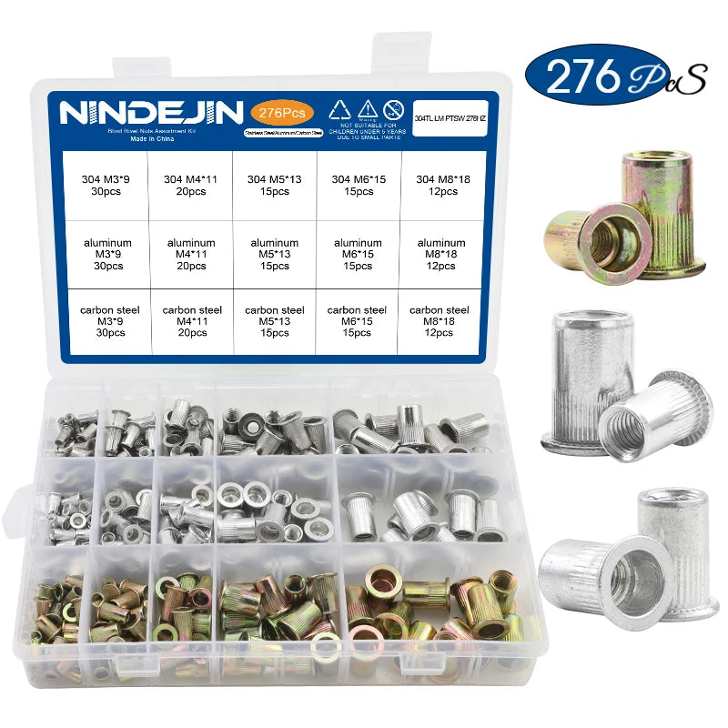 NINDEJIN Aluminum Rivet Nut Kit M3 M4 M5 M6 M8 M10 M12 Blind Rivnut Set Stainless Steel Carbon Steel Threaded Insert Nut Kit