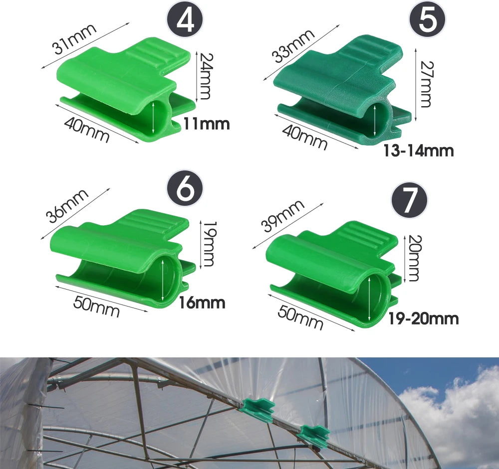 10PCS 5-20mm Thickened Greenhouse Film Plant Support Clamps Garden Shed Row Cover Net Tunnel Hoop Plastic Green Sunshade Frame