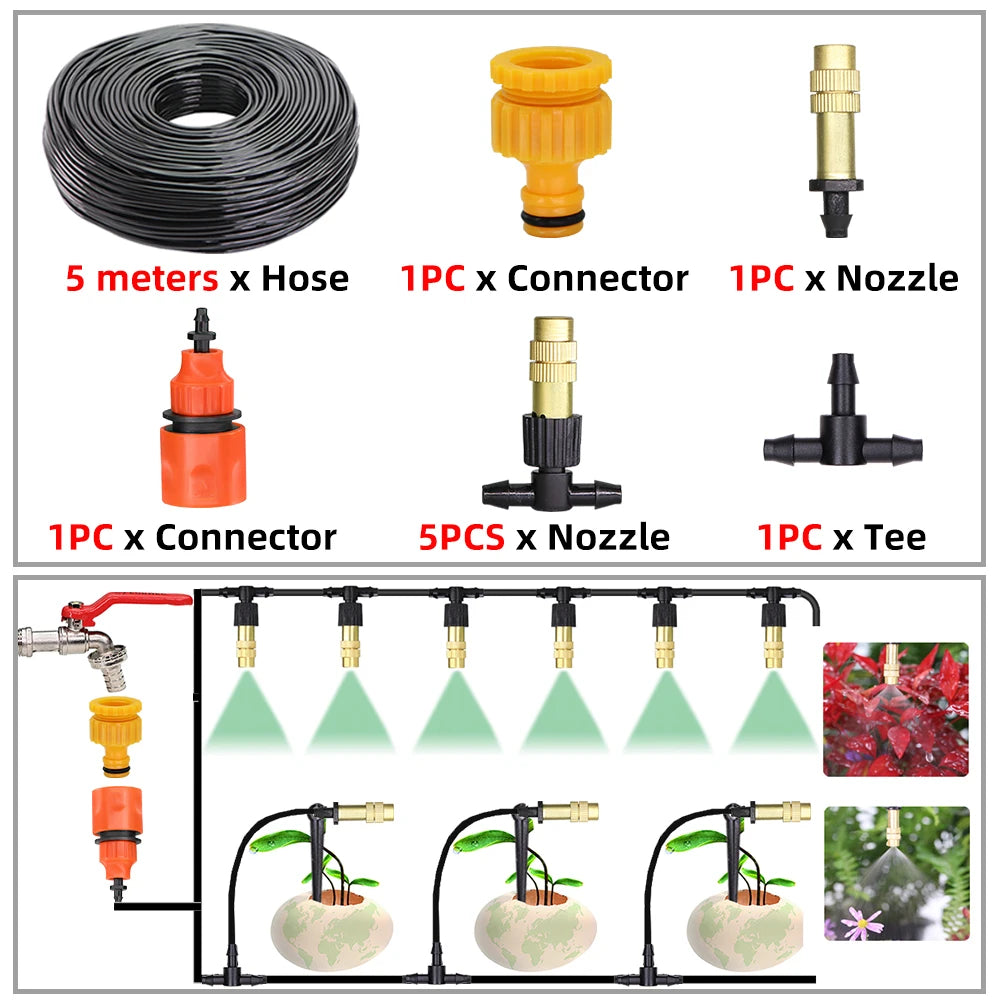 5M-30M Garden Brass Misting Cooling System Irrigation Watering 1/4'' Atomizer Nozzles 4/7mm Hose for Outdoor Greenhouse Pot