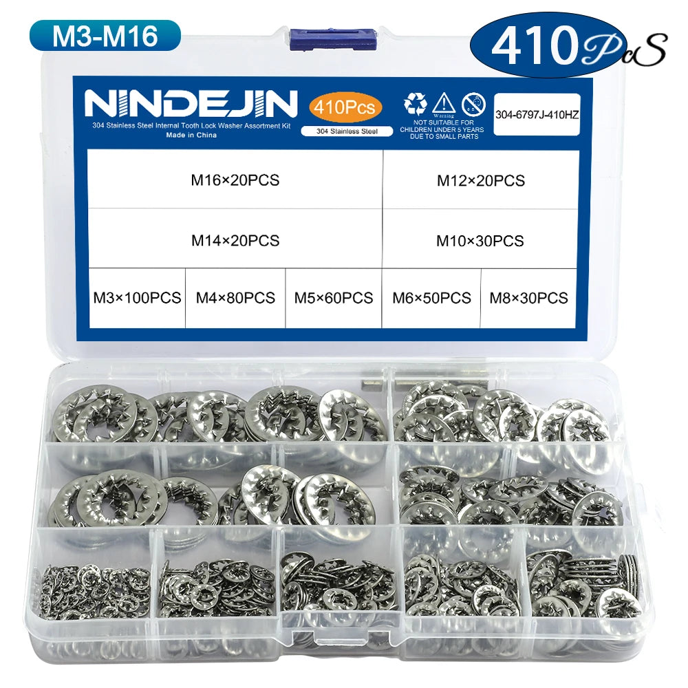 NINDEJIN 410pcs/set internal tooth lock washer assortment kit stainless steel m3 m4 m5 m6 m8 m10 star lock washer - KiwisLove