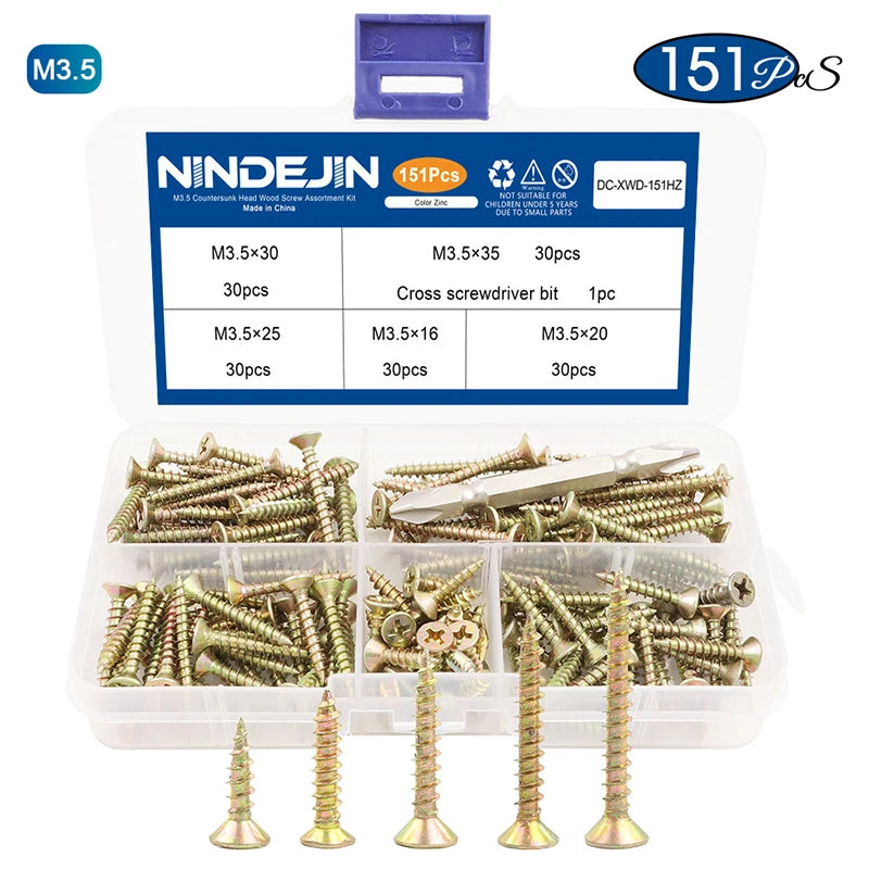 NINDEJIN Wood Screw Kit M3.5 M4 Cross Recessed Fiberboard Screw Zinc Plated Flat Phillips Head Self Tapping Screw for Chipboard