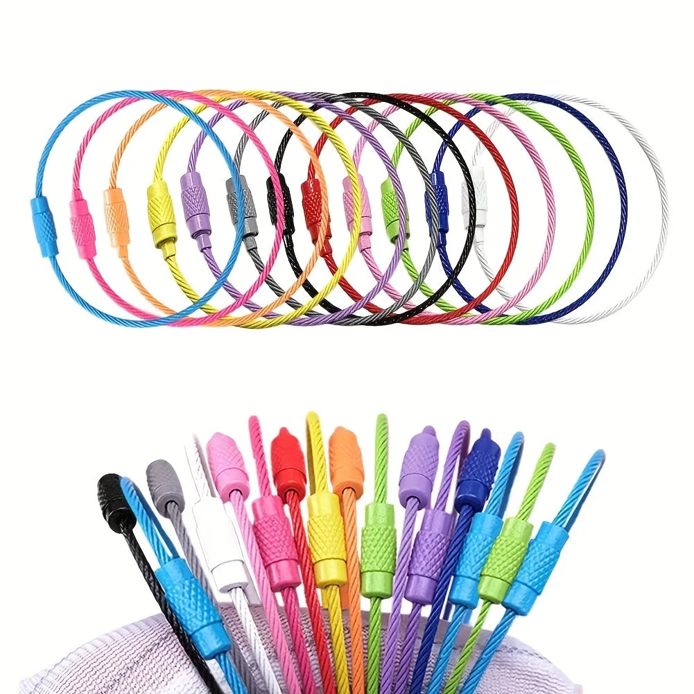 10pcs/lot 15cm Length Stainless Steel Wire Keychain Rings Key Keyring Circle Rope Cable Loop Luggage Tag Screw Lock Gadget
