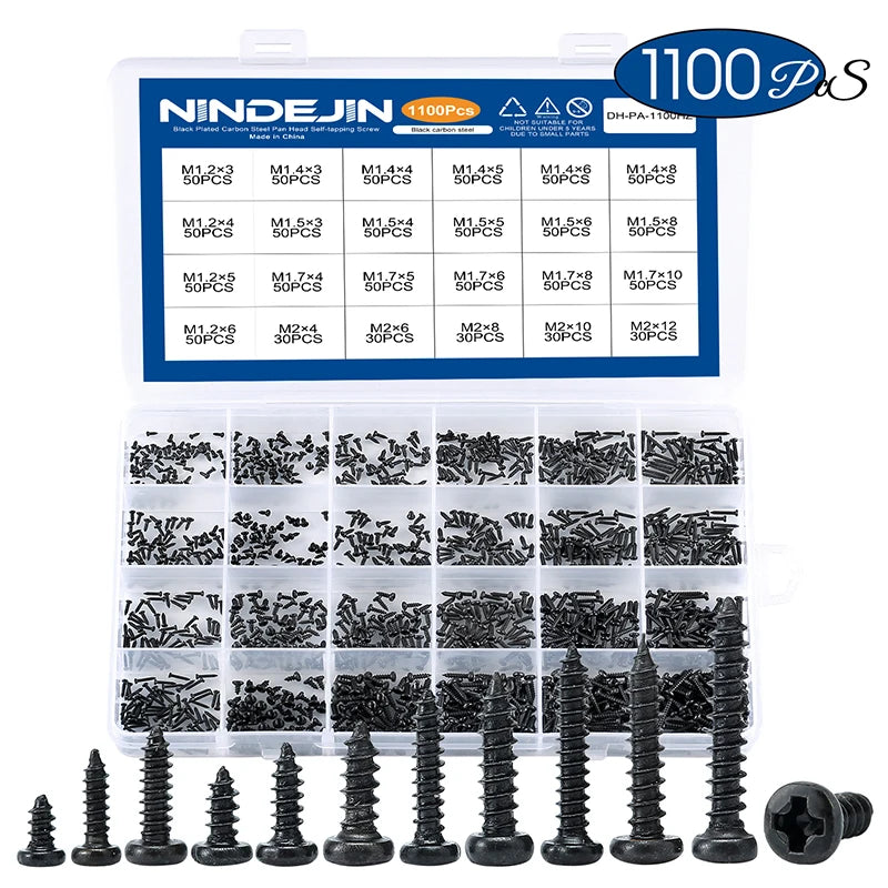 NINDEJIN 1100pcs Round Pan Head Tapping Screws Set M1.2 M1.4 M1.5 M1.7 M2  Mini Screw laptop computer screw Phillips Screw kit