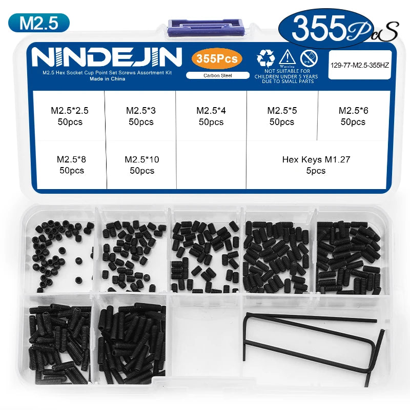 NINDEJIN Hex Socket Cup Point Set Screw M2 M2.5 M3 M4 M5 M6 M8 12.9 Carbon Steel Headless Allen Head Grub Screw Assortment Kit