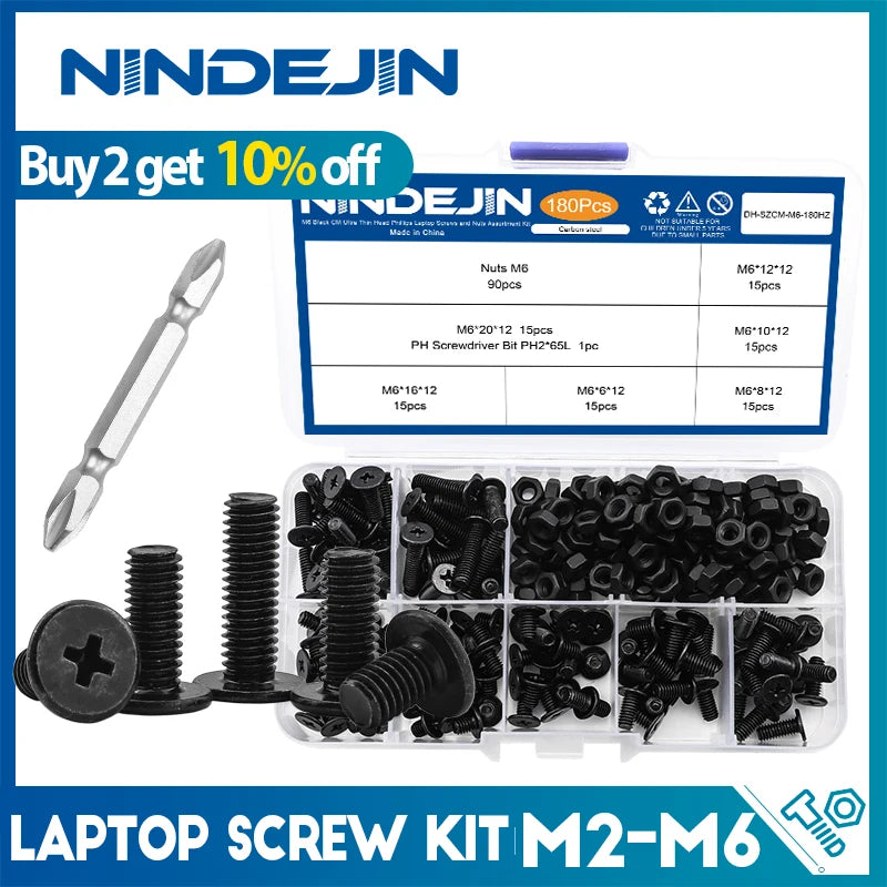 NINDEJIN M2-M6 Thin Flat Head Laptop Screw Set Black Carbon Steel Ultra Thin Wafer Head Phillips Machine Screw Nut Assortment