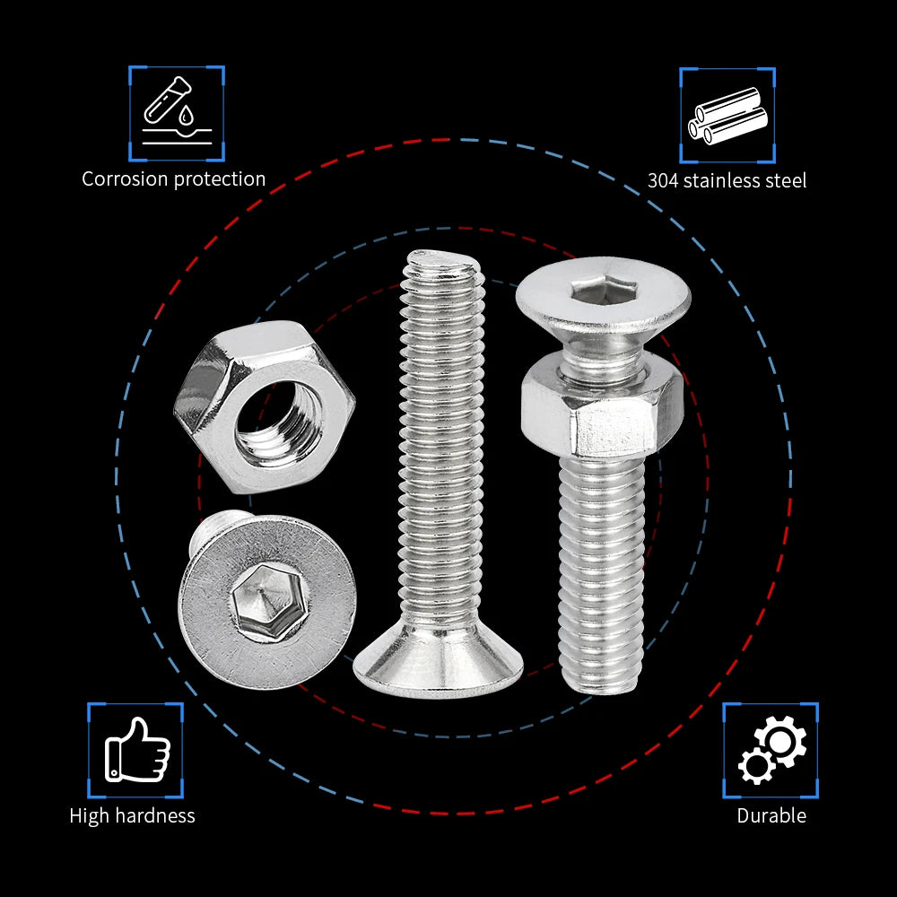 NINDEJIN Hex Hexagon Socket countersunk head screw kit m2 m2.5 m3 m4 m5 m6 stainless steel flat head bolt and nut screw set