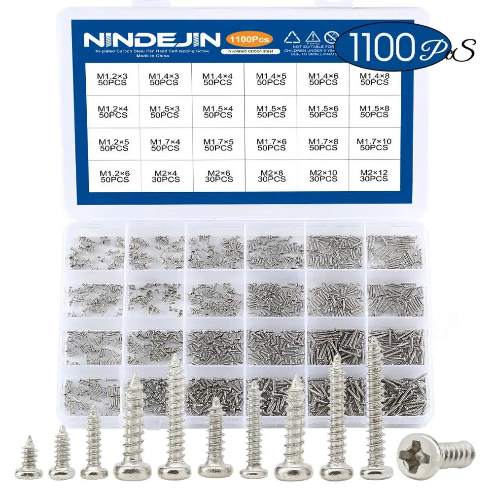 NINDEJIN 1100pcs Round Pan Head Tapping Screws Set M1.2 M1.4 M1.5 M1.7 M2  Mini Screw laptop computer screw Phillips Screw kit