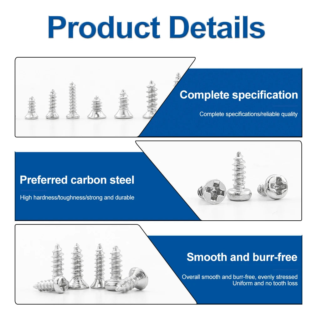 NINDEJIN 601pcs Electronic Screw Kit Nickel Plated Flat Round Head Mini Micro Screw Set Phone Glasses Tapping Screw Kit M1-M1.7