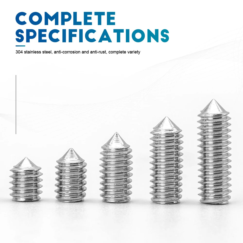 2-50pcs/pack Hexagon Socket Set Screw Cone Point M2 M2.5 M3 M4 M5 M6 M8 M10 M12 304 Stainless Steel Headless Allen Set Screw