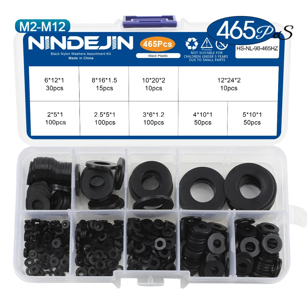 NINDEJIN 465pcs Black White Nylon Washers Assortment Kit M2 M2.5 M3 M4 M5 M6 M8 M10 M12 M14 M16 Plastic Plain Flat Washer Set - KiwisLove