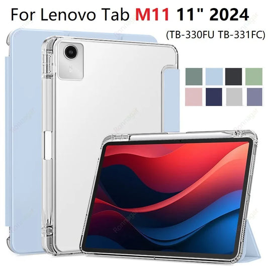 For Lenovo Xiaoxin Pad 2024 Case with Pen Holder Soft Back Fold Stand Cover Lenovo Tab M11 Case 11'' tb330fu tb331fc Sleep Wake