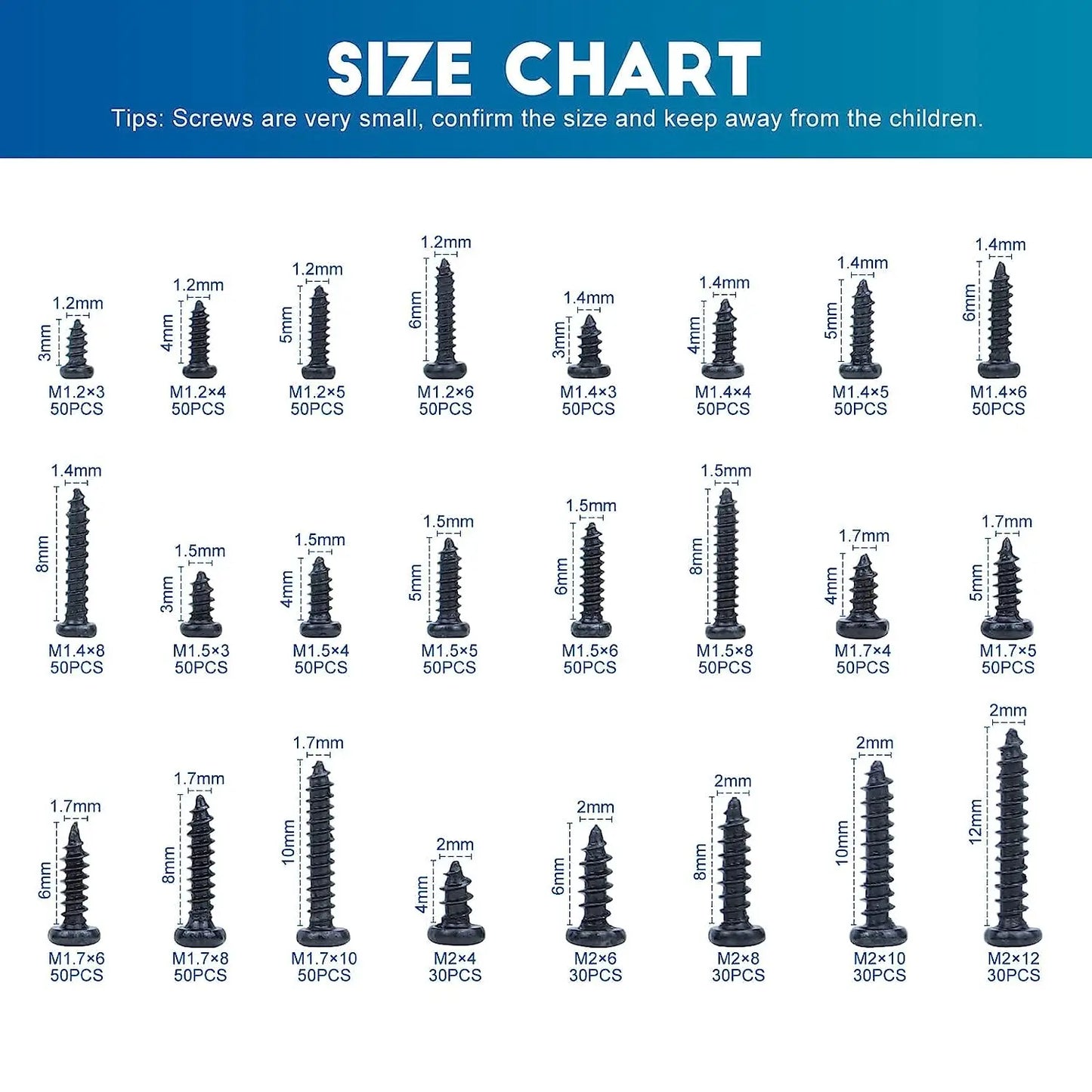 NINDEJIN 1100pcs Round Pan Head Tapping Screws Set M1.2 M1.4 M1.5 M1.7 M2  Mini Screw laptop computer screw Phillips Screw kit