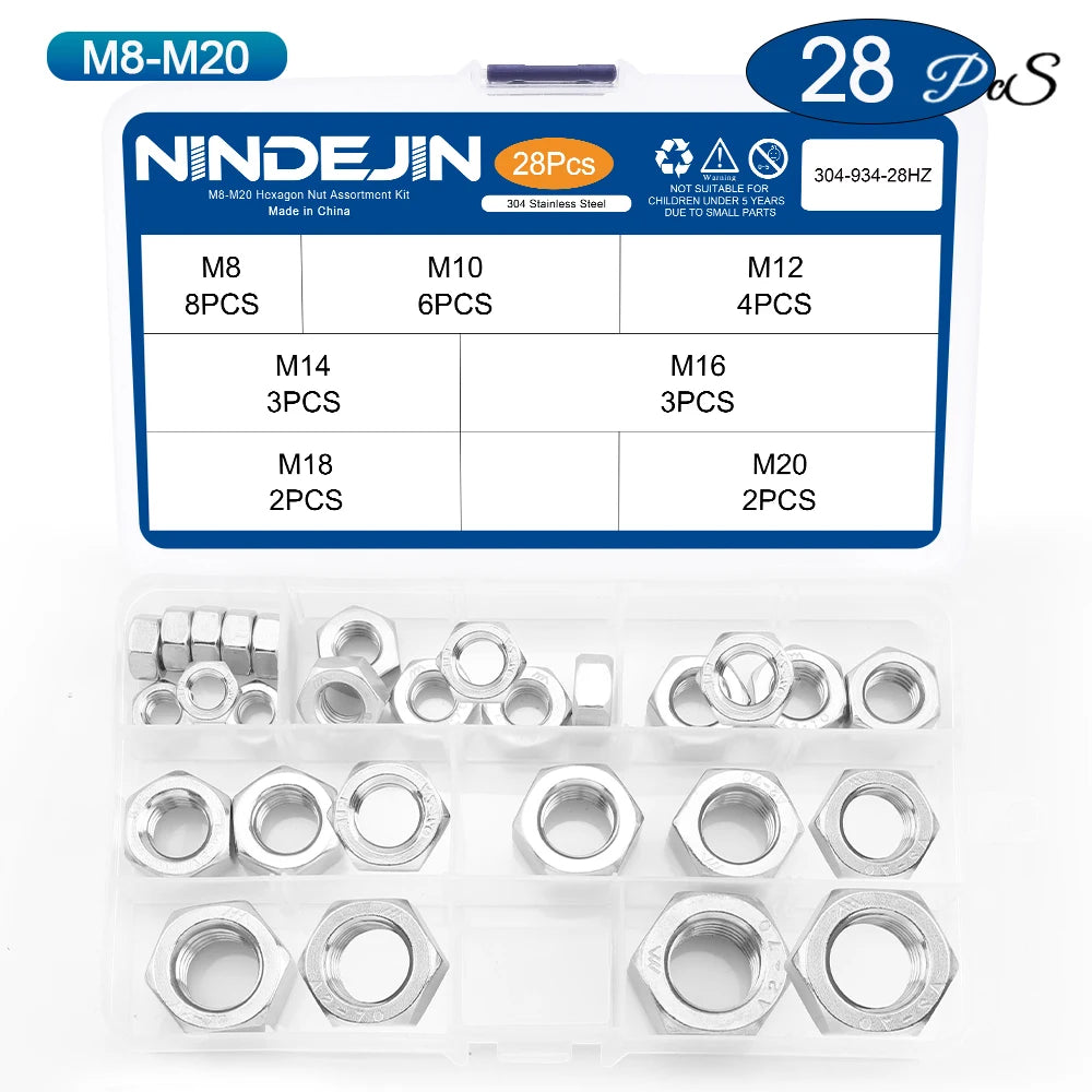 NINDEJIN Hexagon Nuts Assortment Kit M2 M2.5 M3 M4 M5 M6 M8 M10 M12 Stainless Steel Metric Hex Nuts Set DIN934