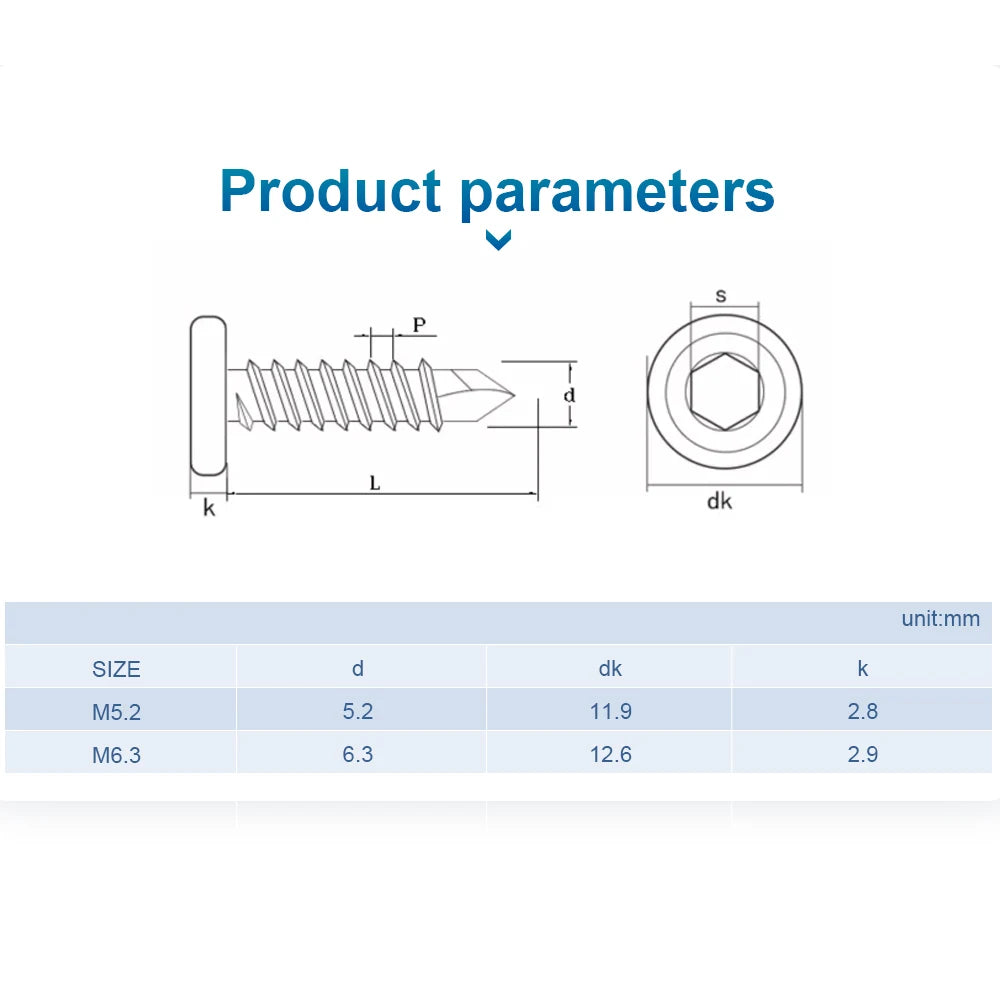 NINDEJIN 25pcs Flat Head Hexagonal Drill Tail Self-tapping Screw M5 410 Stainless Steel Allen Inverted Screw Drilling Tail Bolt