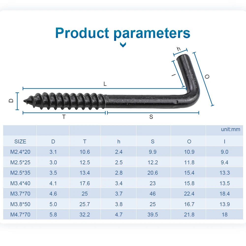 NINDEJIN 10/20pcs L Shaped Hooks Screw in Ceiling Hooks M2.4 M2.5 M2.8 M3.4 M3.7 M3.8 M4.7 Black 7 Shape Right Angle Hooks - KiwisLove