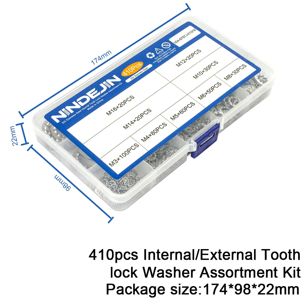 NINDEJIN 410pcs/set internal tooth lock washer assortment kit stainless steel m3 m4 m5 m6 m8 m10 star lock washer - KiwisLove