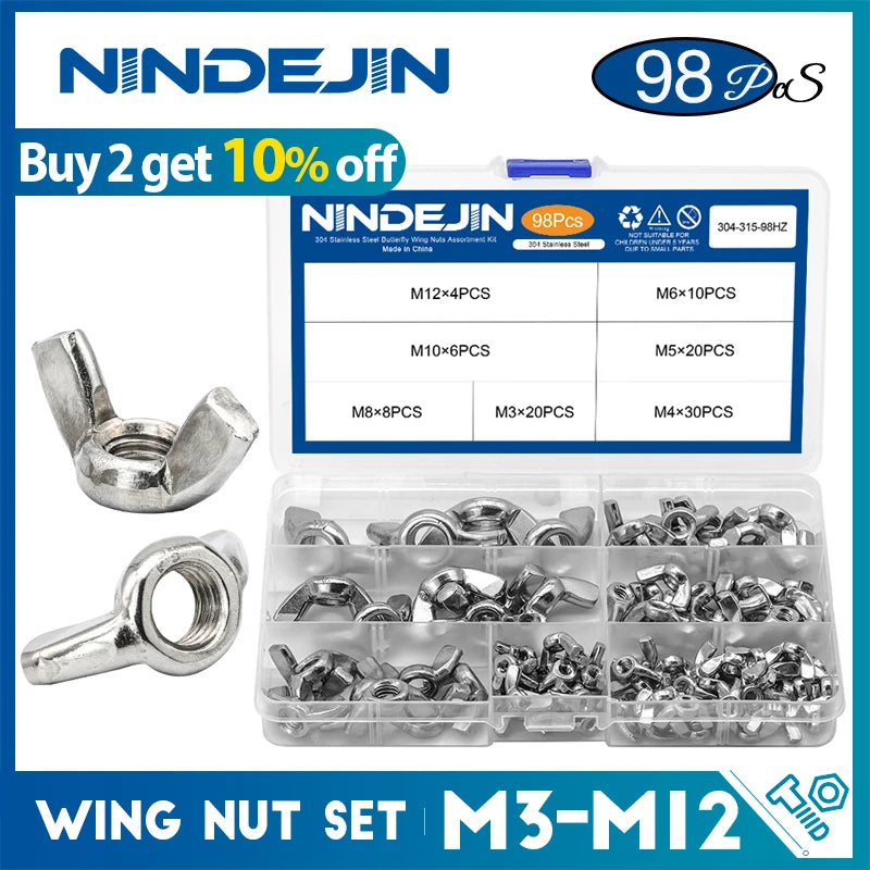 NINDEJIN 98pcs Wing Nut assortment kit M3 M4 M5 M6 M8 M10 M12 Stainless Steel Wingnuts butterfly nuts for drum bicycle DIN315
