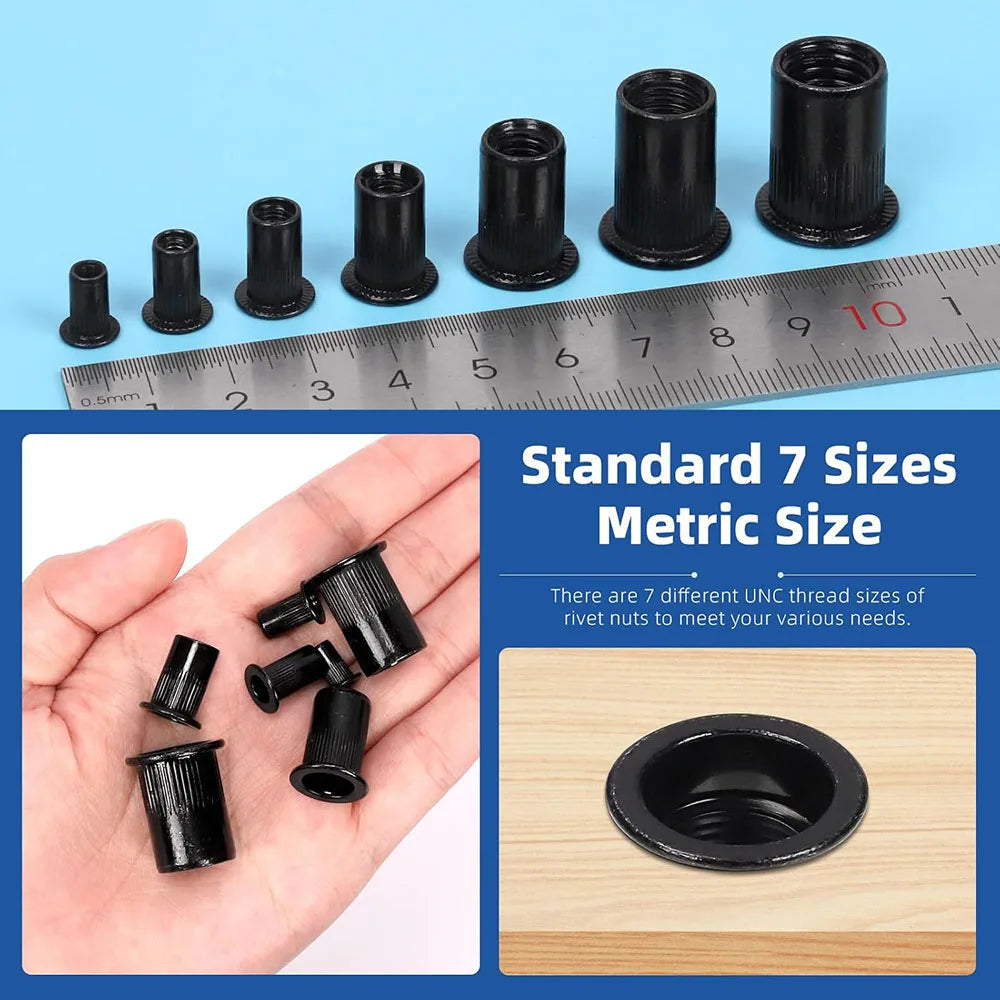 NINDEJIN 10/20pcs Flat Head Rivnut Black Zinc Plated Carbon Steel M3 M4 M5 M6 M8 M10 M12 Knurled Rivet Nut Threaded Insert Nuts - KiwisLove