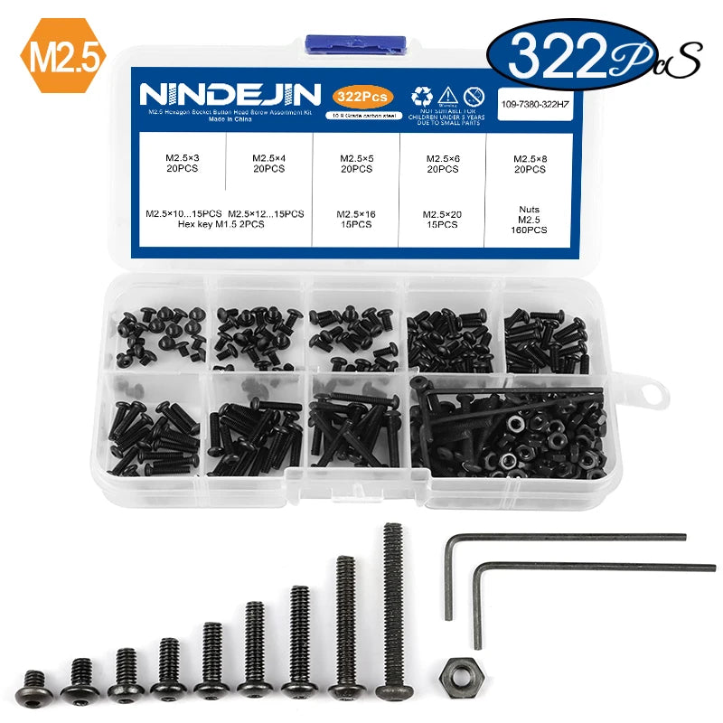 NINDEJIN hex hexagon socket button head screw nut carbon steel m2 m2.5 m3 m4 m5 m6 allen round head screw set bolt and nut set