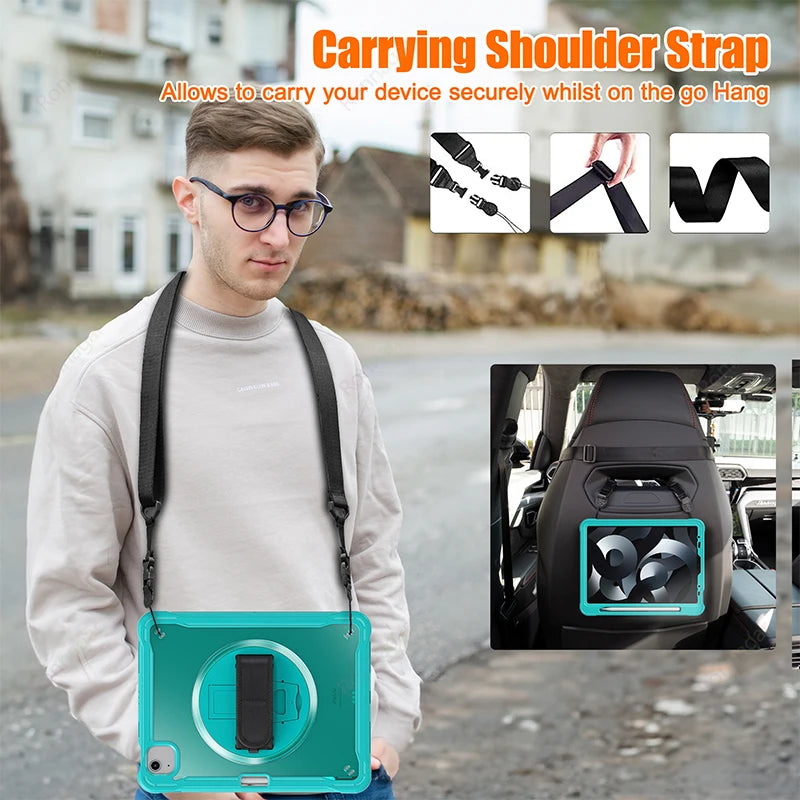 Heavy Duty Case for iPad Pro 11 Inch M1 M2 iPad Pro 12.9 Case iPad7 8 9th 10.2 10th Air4 5 10.9 5/ 6th 9.7 Cover Shoulder strap