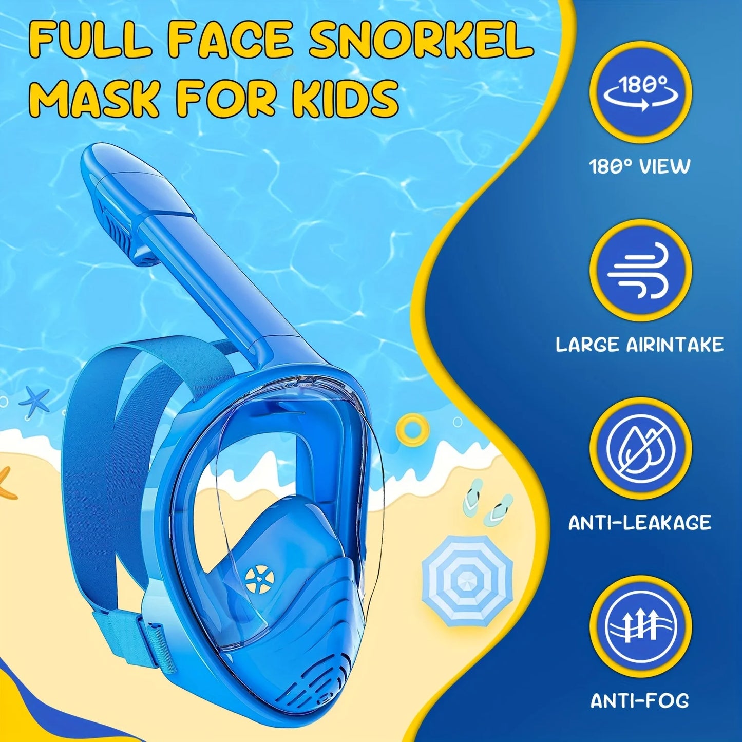 Kids Snorkel Mask  Anti-Fog Leak-Proof Soft Silicone Design Easy to Wear Diving Mask Underwater Scuba Full Face  360° Panoramic