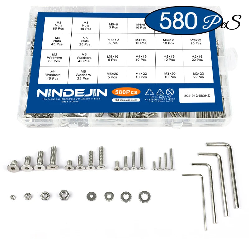 NINDEJIN 580Pcs/Set Hex Socket Cap Head Screw Nut Set Stainless Steel M2 M3 M4 M5 Hexagon Flat Round Cap Head Screw Assorted Kit