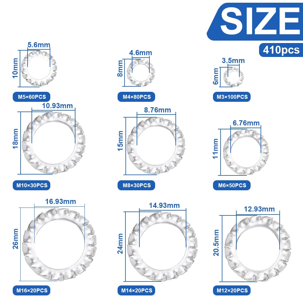 NINDEJIN 410pcs/set internal tooth lock washer assortment kit stainless steel m3 m4 m5 m6 m8 m10 star lock washer - KiwisLove