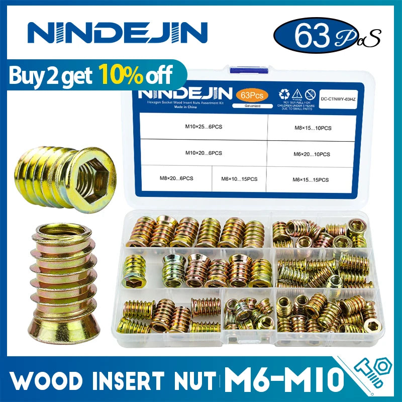 NINDEJIN 63pcs Wood Insert Nuts M6 M8 M10 Hexagon Wood Threaded Inserts Galvanized Carbon Steel Furniture Screw in Nut Connector