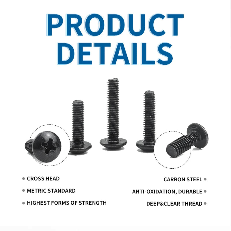 NINDEJIN Truss Head Machine Screw Kit M3 M4 M5 M6 Black Carbon Steel Mushroom Big Truss Head Phillips Machine Screw and Nut Set
