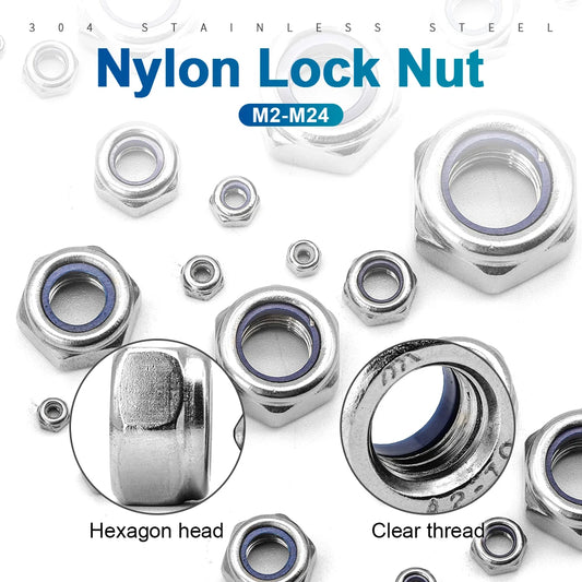 NINDEJIN Nylon Lock Nut Stainless Steel Hex Hexagon Locking Nut M2 M2.5 M3 M4 M5 M6 M8 M10 M12 M14 M16 M20 M24 Locknut DIN985 - KiwisLove