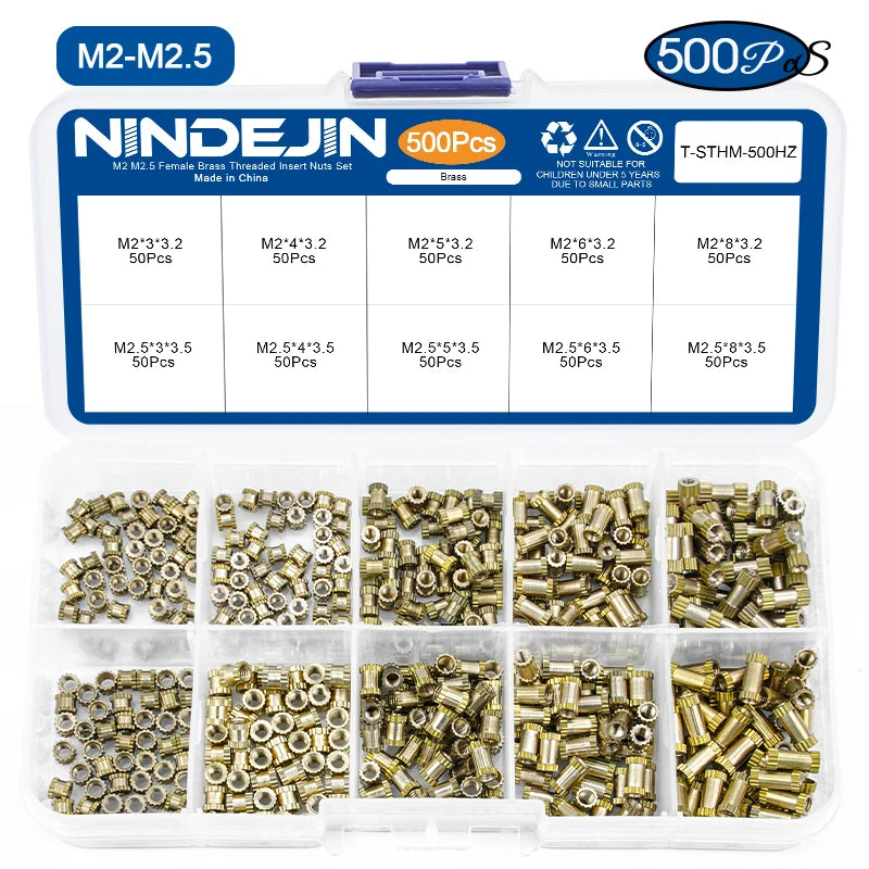 NINDEJIN 450/500pcs Brass Insert Nuts Kit Female Threaded Insert Set Knurled Nuts Assortment Kit