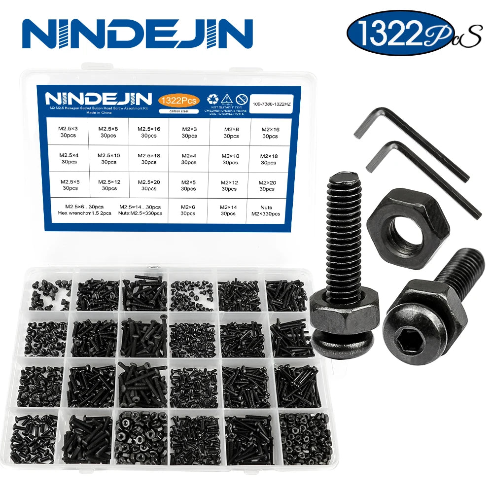 1322pcs/set small Allen bolt screw kit with nut m2 m2.5 carbon steel hex socket round flat cap head screw set