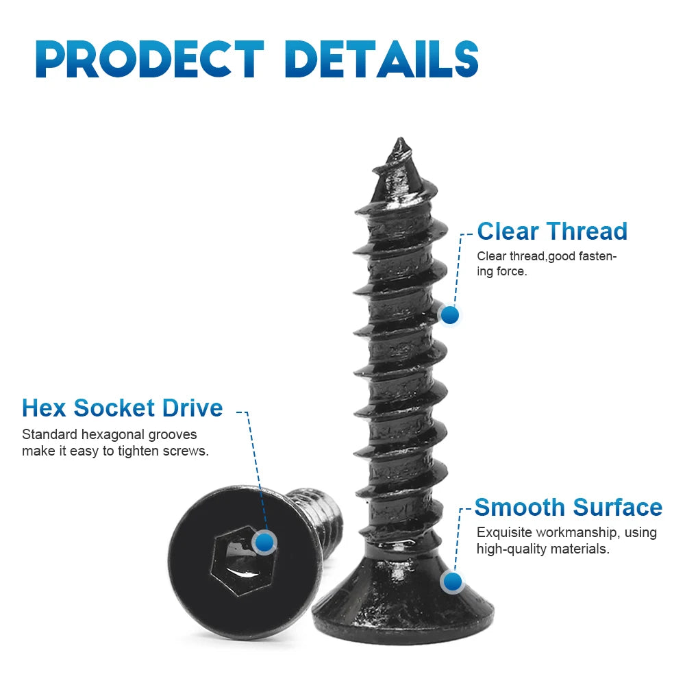 10-50pcs Hex Socket Flat Head Self Tapping Screw M2 M3 M4 M5 M6 8.8 Grade Carbon Steel Countersunk Allen Head Wood Tapping Screw