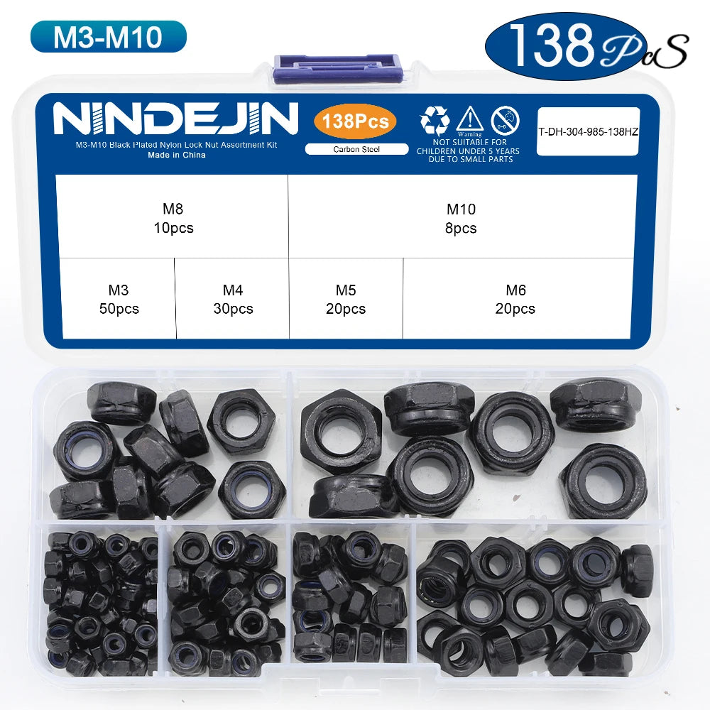 NINDEJIN Nylon Lock Nut Set Black Zinc Plated Carbon Steel M2-M12 Hexagon Locknut Self Locking Nut Assortment Kit DIN985