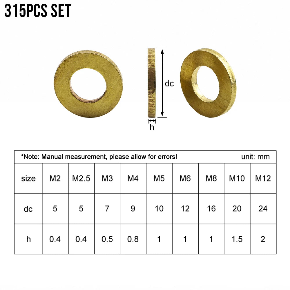 NINDEJIN Brass Flat Washer Set 280/315pcs M2-M12 Metric Brass Plain Washer Flat Gasket Fastener Pure Copper Ring for Screw Bolt - KiwisLove