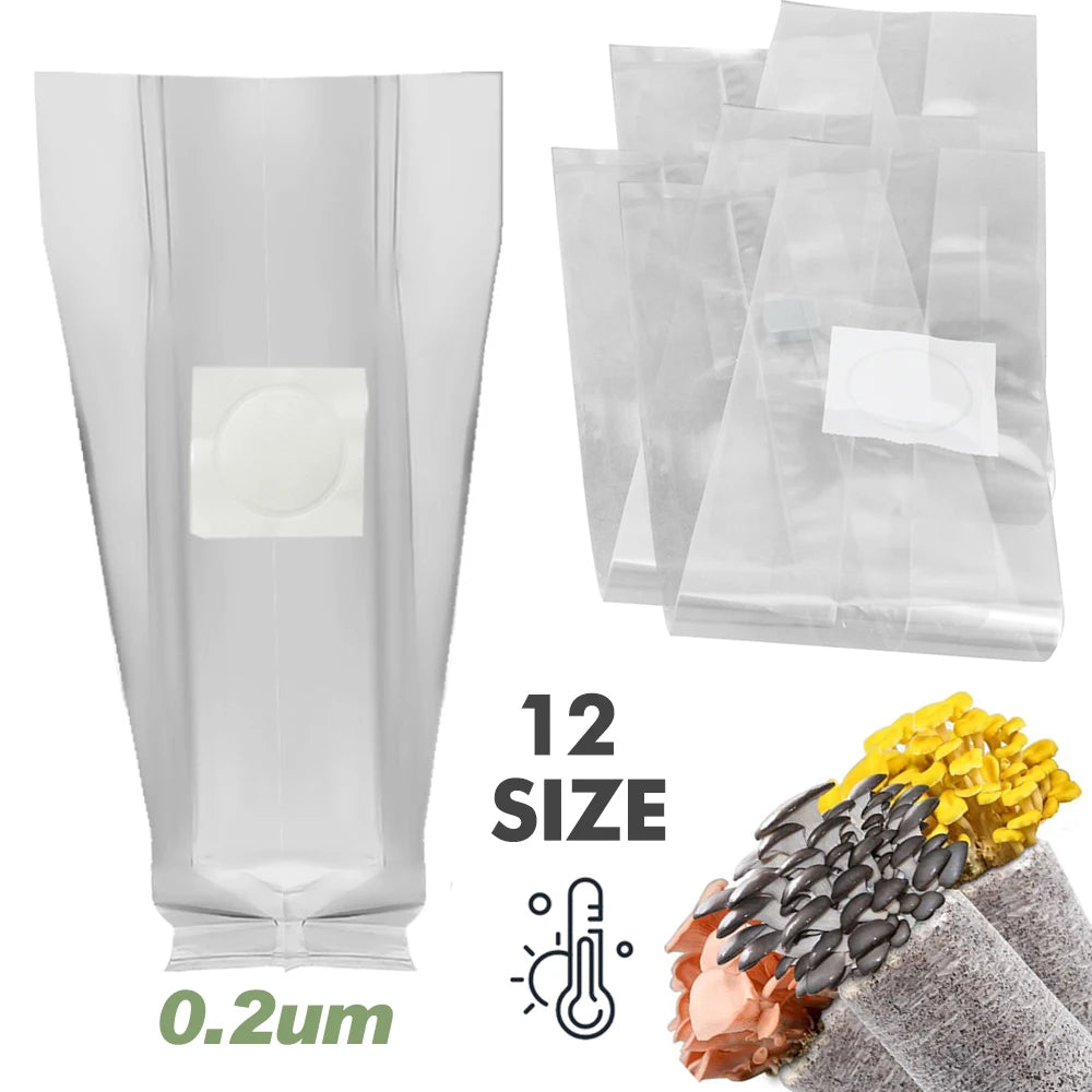 10PCS 0.2um Filter PP Mushroom Grow Bag Transparent Pre Sealable Spawn Media Grow Bag High Temperature for Greenhouse Planting